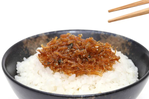 Giapponese Tsukudani Chirimen Jako Con Riso Bianco Cotto Sfondo Bianco — Foto Stock