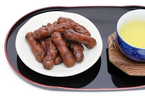 Tradicional Comida Lanche Japonês Karinto Biscoitos Açúcar Marrom Preto — Fotografia de Stock