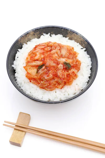 Корейская Еда Приготовленный Белый Рис Кимчи Белом Фоне — стоковое фото