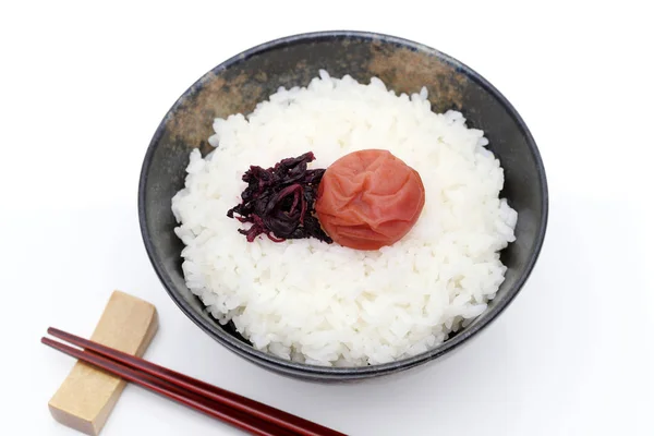 Japanese Cooked White Rice Salt Plum White Background — Stock Photo, Image