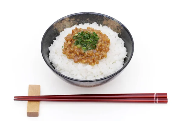 Japanischer Gekochter Weißer Reis Mit Moromi Miso Auf Weißem Hintergrund — Stockfoto
