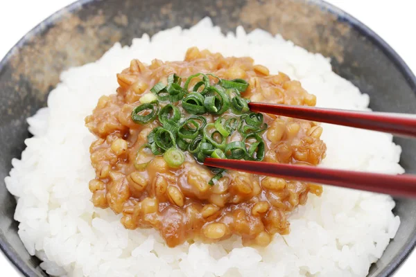 Japanese cooked white rice with Moromi miso on white background