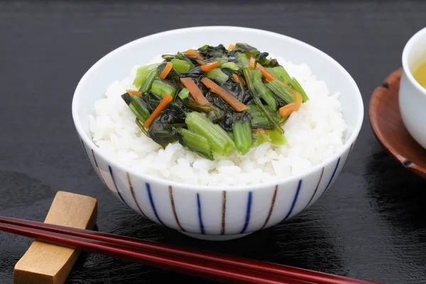 stock image Japanese cooked white rice with nozawana vegetable 