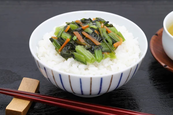 Japanese cooked white rice with pickled nozawana vegetable