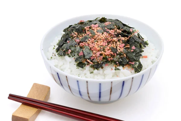 Cibo Giapponese Riso Cotto Con Furikake Frullato Nori Sfondo Nero — Foto Stock