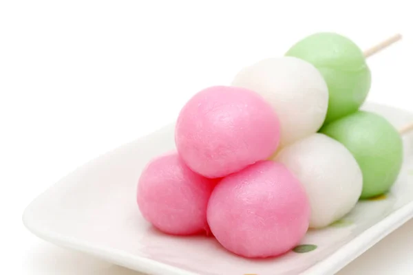 Dulces Tradicionales Japoneses Sanshoku Dango Sobre Fondo Blanco — Foto de Stock