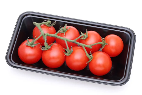 Rama Tomates Cherry Paquete Plástico Fondo Blanco — Foto de Stock