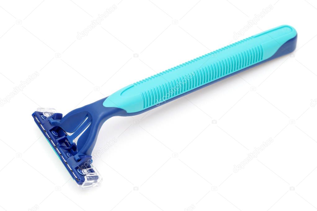 blue disposable shaving razor on white background 