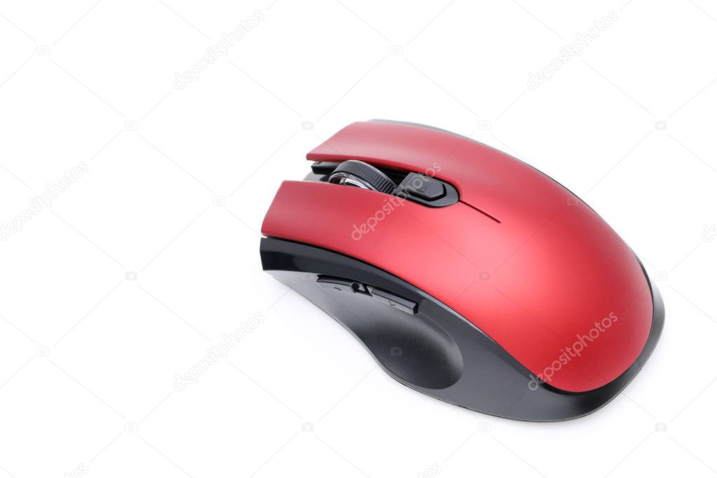 Red wireless computer mouse isolated on white background 