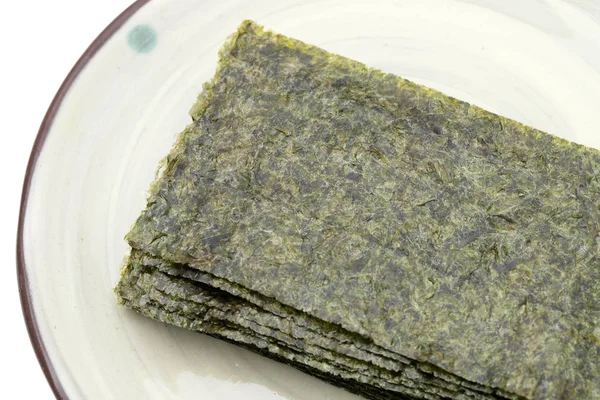 Cibo Giapponese Fogli Alghe Secche Nori Sul Piatto — Foto Stock