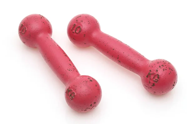 Twee Roze Geschilderde Dumbbells Fitness Geïsoleerd Witte Achtergrond — Stockfoto