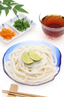 Beyaz arka plan üzerinde Mentuyu ile cam bir tabak içinde Japon soğutulmuş udon erişte  