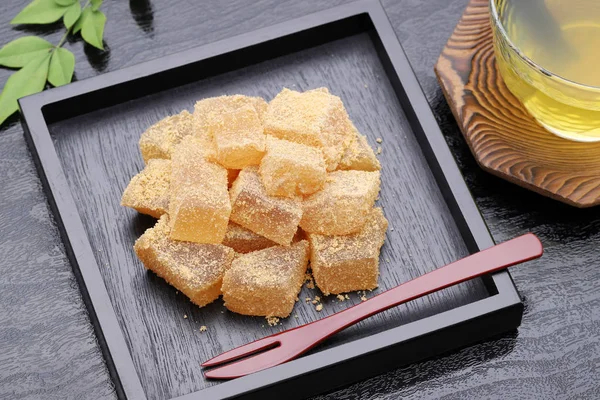 Japanese Confectionery Warabi Mochi Traditional Sweets Black Background — Stock Photo, Image