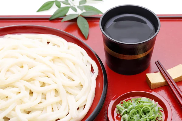 Japán Hűtött Zaru Udon Tésztát Egy Tányér Mentuyu Fehér Alapon — Stock Fotó