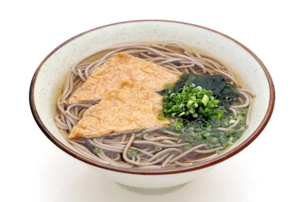 Japanese Kitune Soba Noodles Ceramic Bowl White Background — Stock Photo, Image