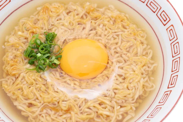 Japanese instant chikin noodles in a bowl on white background