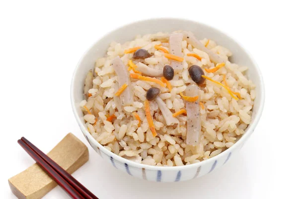 Japanisches Essen Takikomi Gohan Gekochter Reis Auf Weißem Hintergrund — Stockfoto