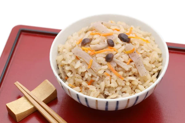 Japanese Food Takikomi Gohan Boiled Rice Red Tray — Stock Photo, Image