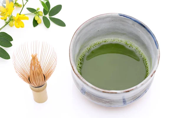 Японська Матча Зелений Чай Керамічній Мисці Чаєм Віночок — стокове фото