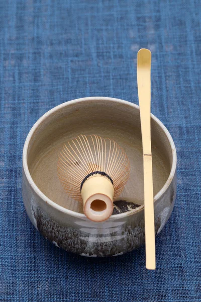 Tea Bowl Tea Whisk Bamboo Spoon Used Japanese Matcha Green — Stock Photo, Image