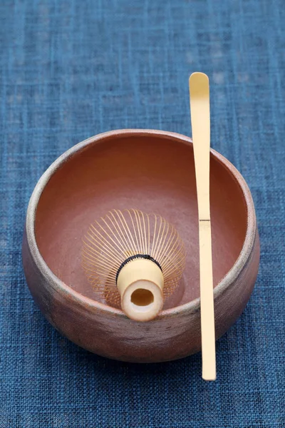 Tea Bowl Tea Whisk Bamboo Spoon Used Japanese Matcha Green — Stock Photo, Image