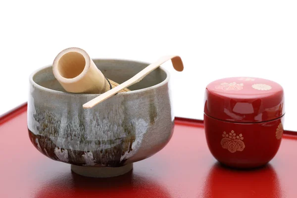 Tea Bowl Tea Whisk Bamboo Spoon Used Japanese Matcha Green — Stock Photo, Image