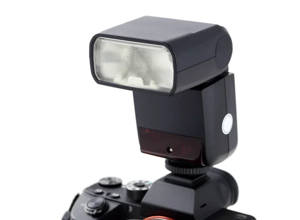 Fotocamera Lichaam Met Flits Geïsoleerd Witte Achtergrond — Stockfoto