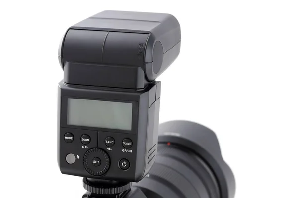 Fotocamera Lichaam Met Flits Geïsoleerd Witte Achtergrond — Stockfoto