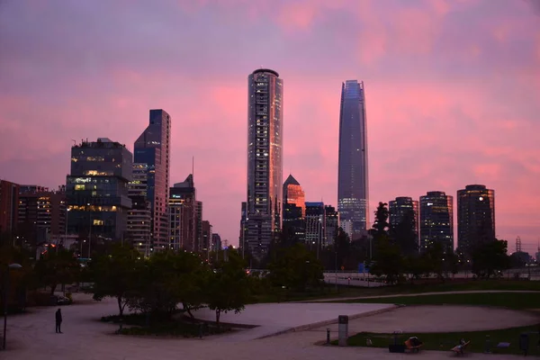 Sunset, architecture and city lights in Santiago, Chile