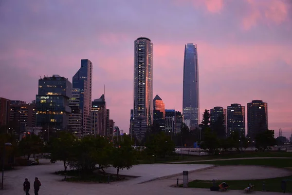 Sunset, architecture and city lights in Santiago, Chile