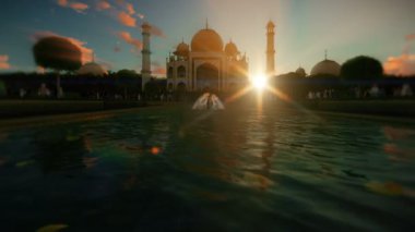 Taj Mahal karşı güzel gün batımı yürüyen turist ile 4 k'dan fazla zoom