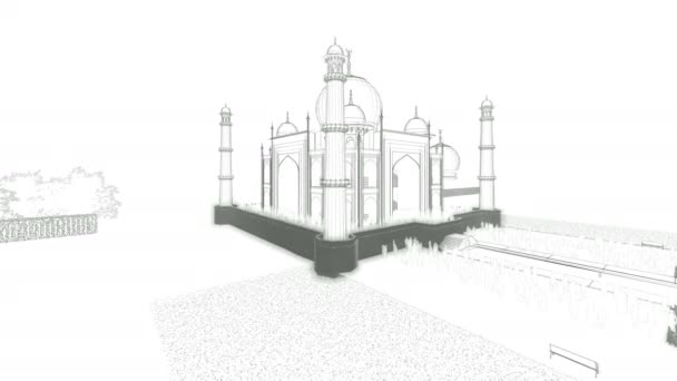Taj Mahal z turystów, szkic na biały, drone lot 4k — Wideo stockowe