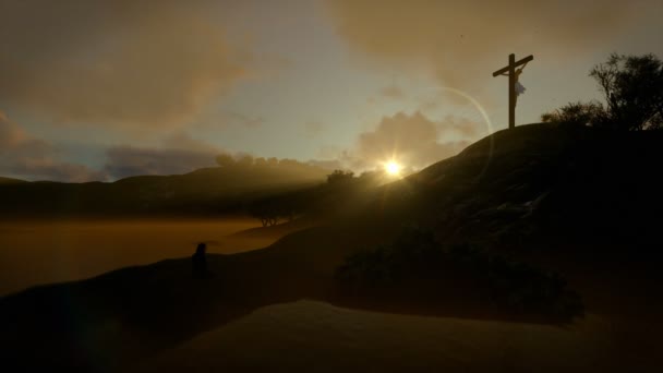 Χριστιανική γυναίκα προσεύχεται στον Ιησού, σταυρό, Ανατολή, 4k — Αρχείο Βίντεο
