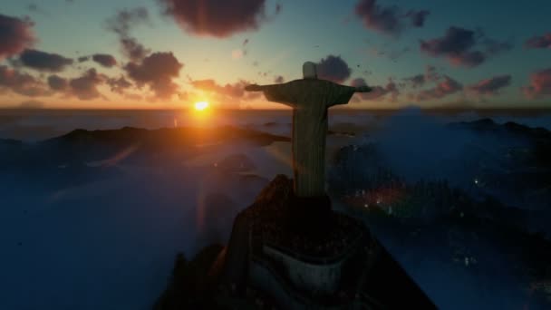 Cristo Redentore con i turisti sopra le nubi al tramonto, Rio de Janeiro, drone panning — Video Stock