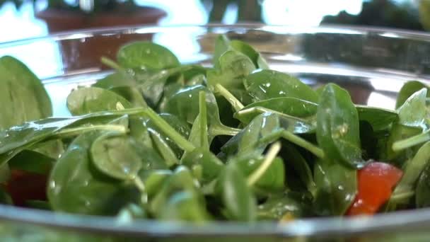 Spinach salad with tomatoes and bell pepper rotating, seasoning with lemon juice, close up — Stock Video