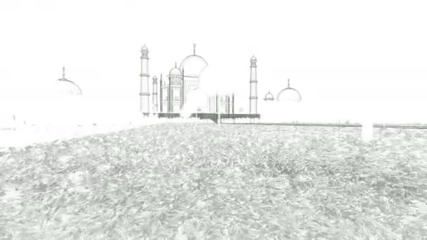 Тадж-Махал з туристів, ескіз на білому, панорамування 4 к — стокове відео