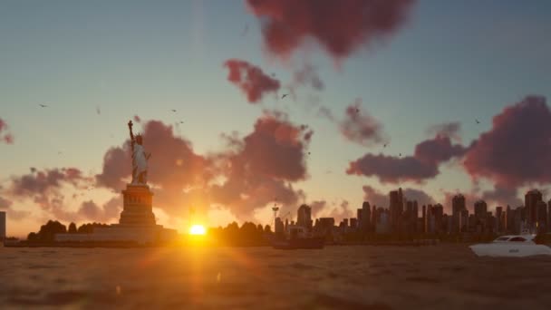 Άγαλμα Της Ελευθερίας Πλοία Μανχάταν Νέα Υόρκη Όμορφο Ηλιοβασίλεμα — Αρχείο Βίντεο