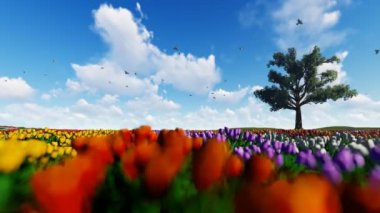 Lale mavi gökyüzü uçan güvercinler ve eski ile karşı alan meşe, 4k