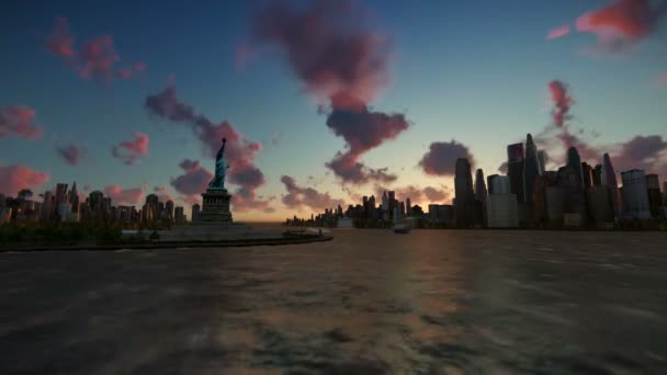 Statua wolności, Ellis Island z panoramę Nowego Jorku i statki, upływ czasu 4k — Wideo stockowe