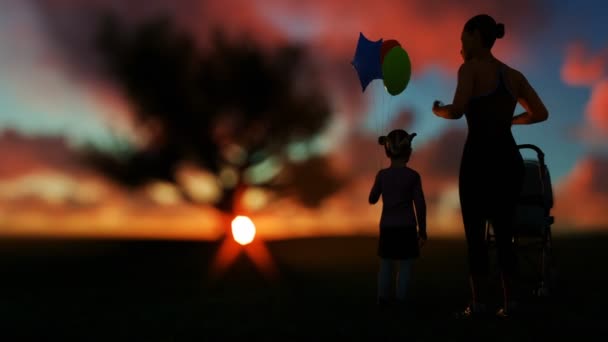 Mutter mit Tochter und Baby genießen den Sonnenaufgang auf der grünen Wiese mit Eiche, Timelapse Wolken, Schwenken — Stockvideo