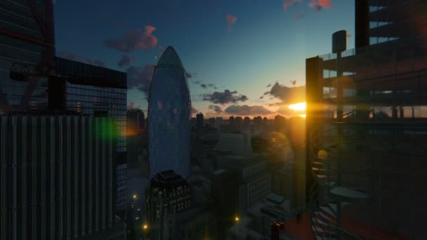Londyn, piękny zachód słońca nad The Gherkin, szwajcarski reasekuracji centrali, drone mucha 4k — Wideo stockowe