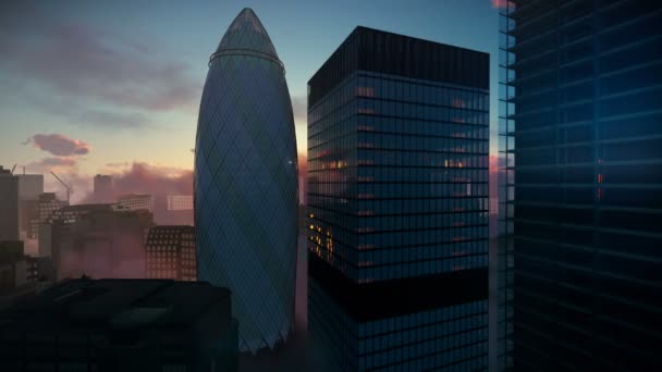 Londen mooie zonsopgang boven Swiss Reinsurance hoofdkwartier, de augurk, camera vliegen — Stockvideo