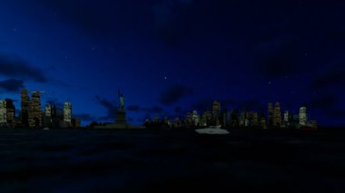 Özgürlük ve Manhattan heykeli gece, New York City karşı yıldızlı gökyüzü, 4k