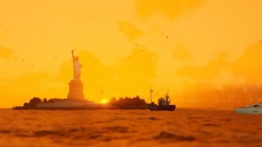 Özgürlük heykeli yelken, Manhattan, New York City gündoğumu sis karşı savaş gemileriyle