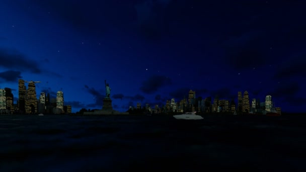 Статуя свободи й Манхеттен вночі, Нью-Йорк проти зоряне небо, 4 к — стокове відео