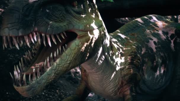 Gros plan de dinosaure Tyrannosaurus Rex dans une forêt sauvage,, ralenti — Video
