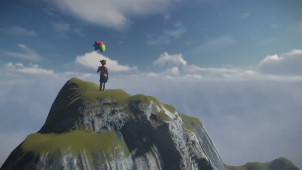 Menina Abandonada Segurando Balões Topo Uma Montanha — Vídeo de Stock
