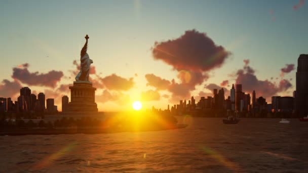 Статуя Свободы Кораблями Парусный Спорт Манхеттен Нью Йорк Против Красивый — стоковое видео