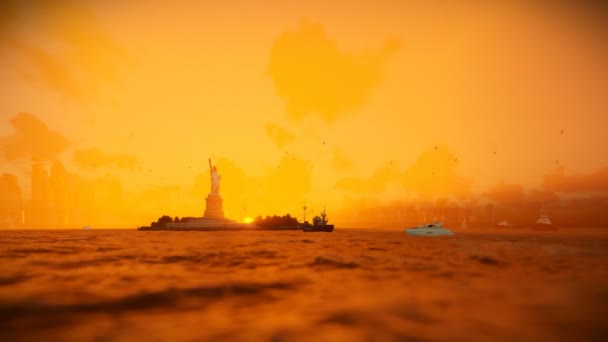 Статуя свободы с кораблями, парусный спорт, Манхеттен, Нью-Йорк Сити против Восход туман, 4k — стоковое видео