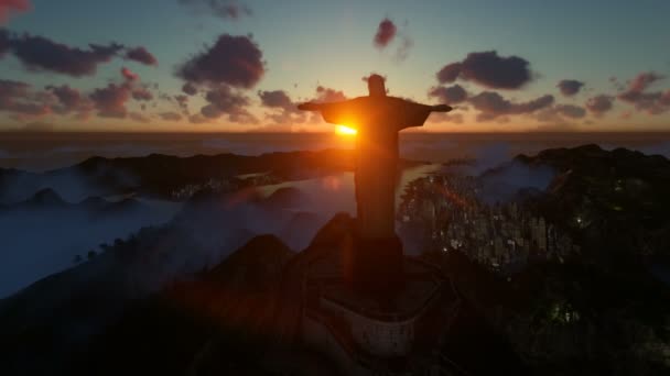 Christ Redeemer Sunset Camera Panning Rio Janeiro Brazil — Stock Video